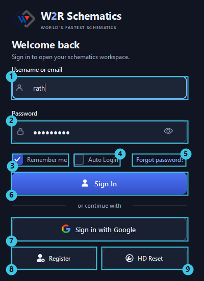 The sign-in window with its controls numbered