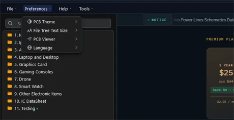 The Preferences menu