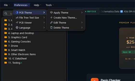 The PCB Theme submenu