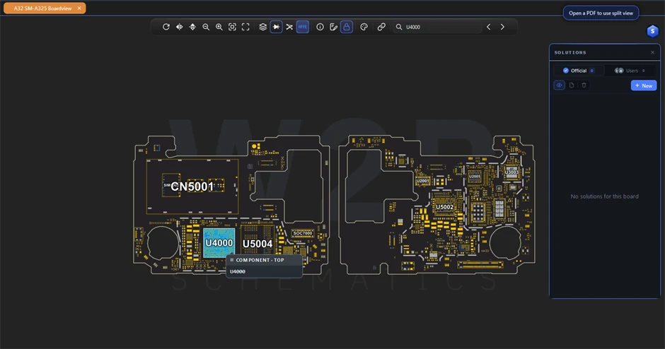 Split view: a schematic beside a boardview