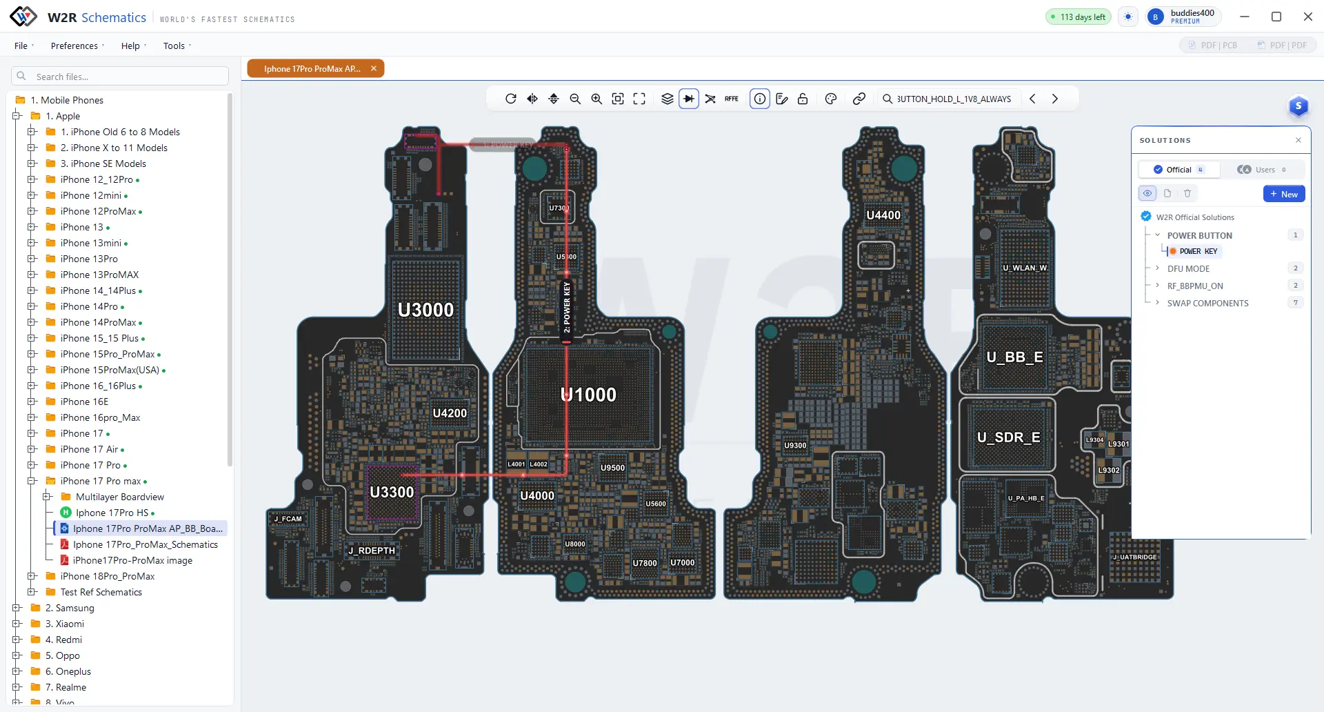 A repair solution overlaid on the boardview