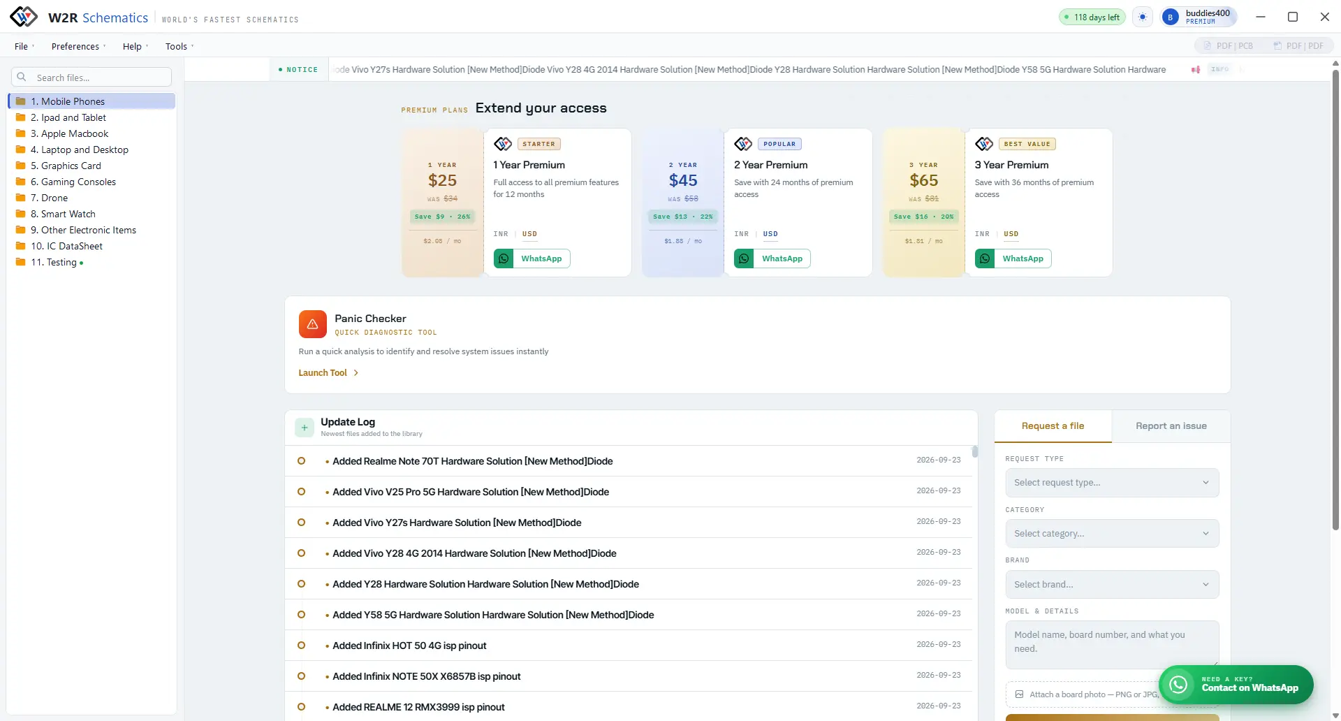 W2R Schematics app dashboard with the device library, premium plans and the daily update log