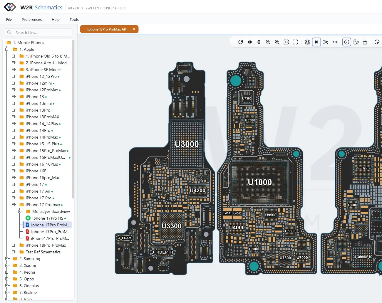 W2R Schematics desktop app showing the iPhone 17 Pro Max boardview with the device file library