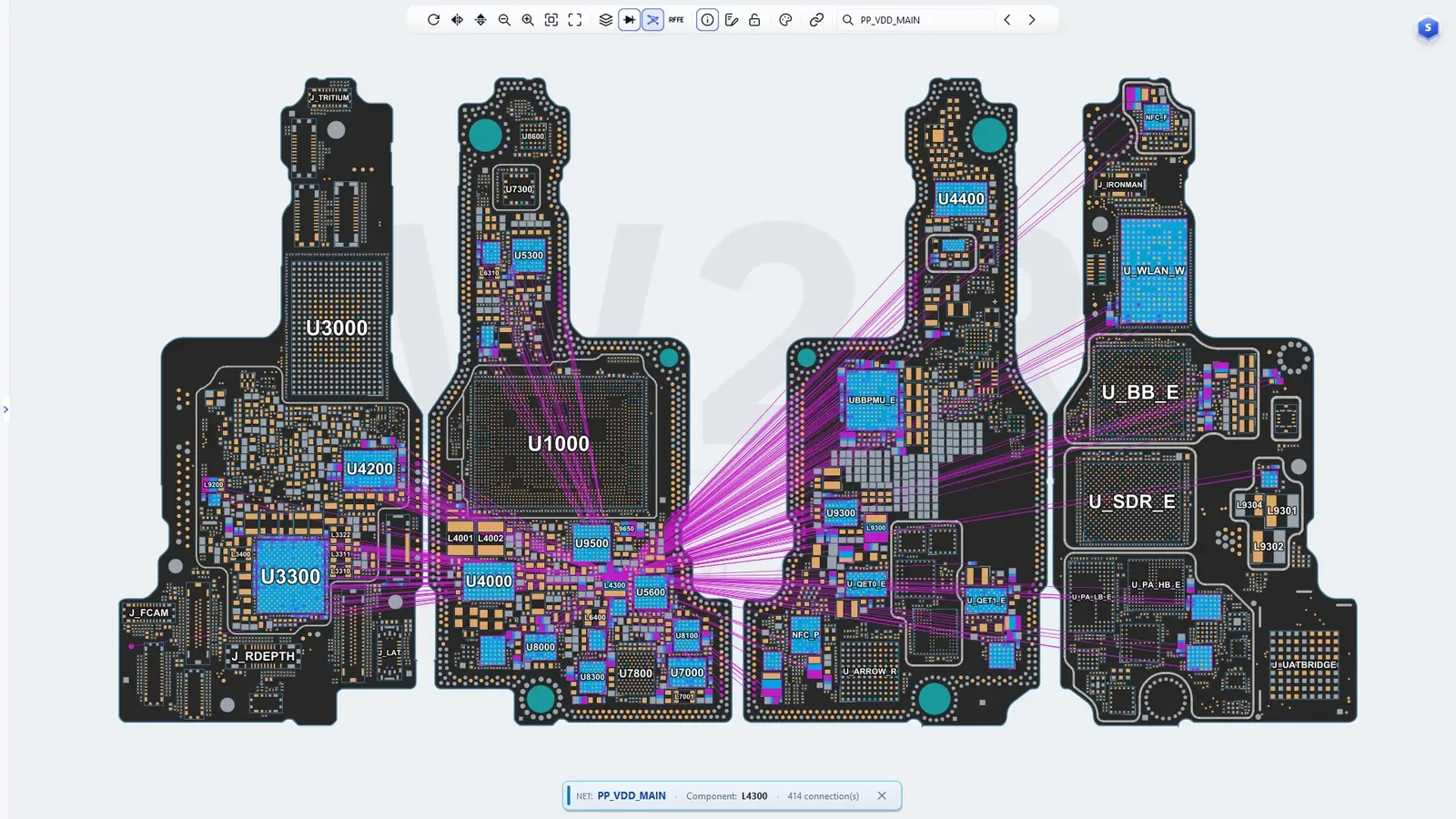 Ratsnest view tracing the PP_VDD_MAIN net from L4300 across the iPhone 17 Pro Max boardview