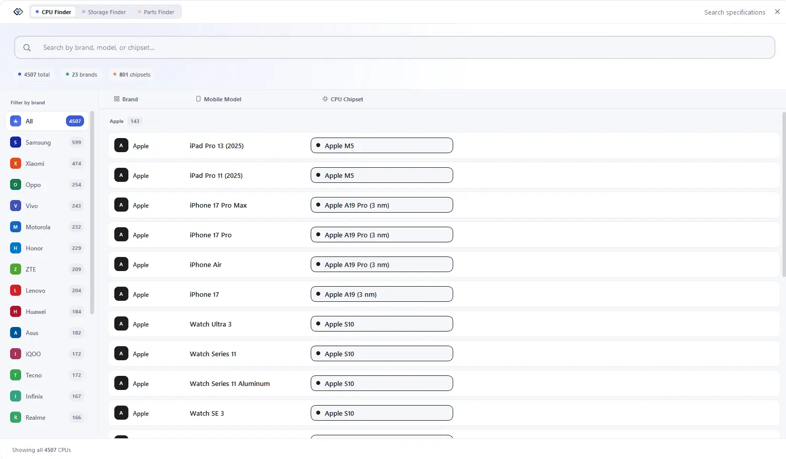 Chip DB in the W2R app listing Apple devices with their CPU chipsets, filterable by brand