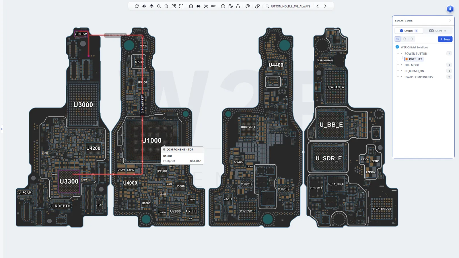 Hardware Solutions panel in the W2R app: a power-button repair route drawn over the iPhone 17 Pro Max boardview