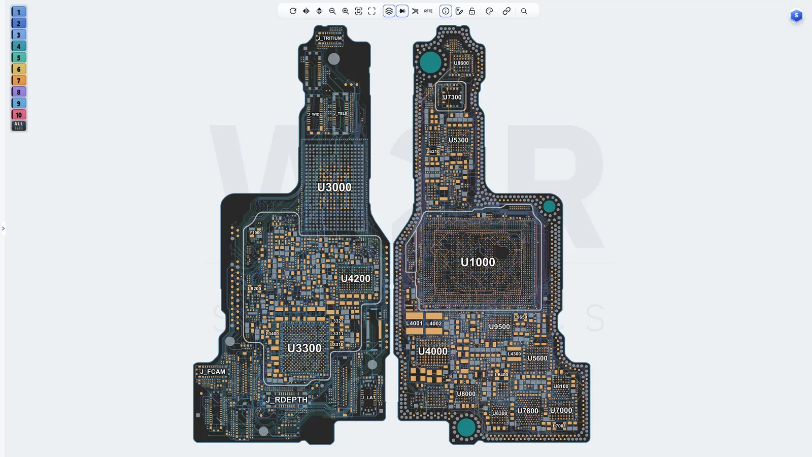 Multi-layer boardview in the W2R app with PCB layers 1 to 10 listed beside the iPhone 17 Pro Max board