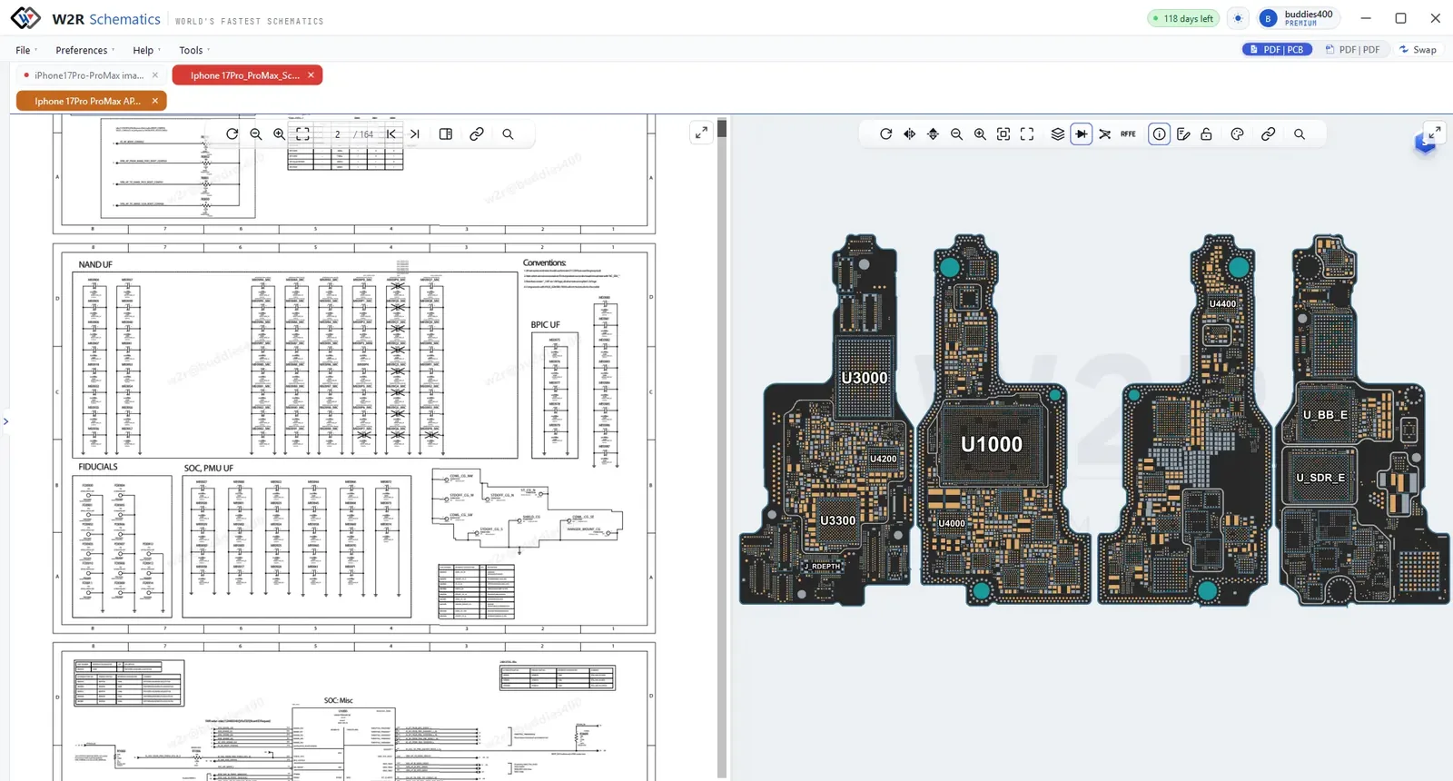 Split view in the W2R app: iPhone 17 Pro Max schematic PDF beside its PCB boardview